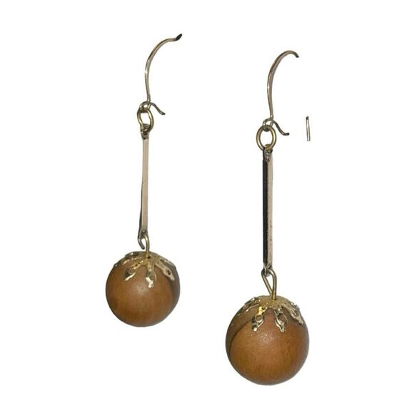 Vintage Beaded Wood Drop Earrings Silver Tone Metal Dangle French Wire - Picture 4 of 5